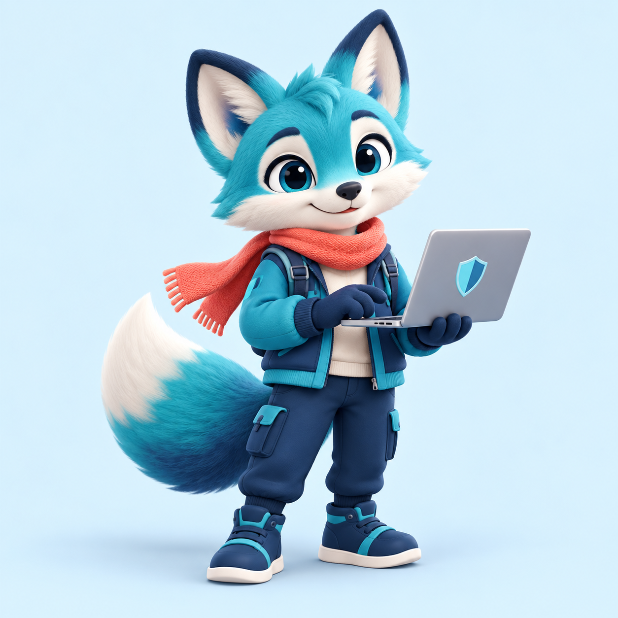 Nova the teal fox holding a laptop and a shield