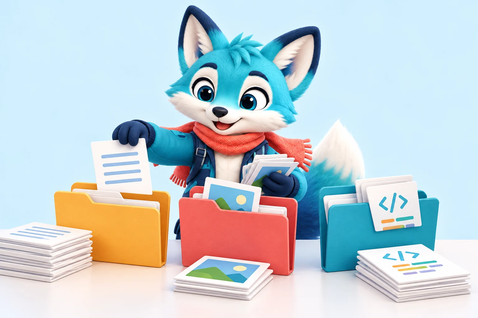 Nova exploring colourful folders and documents to learn how to organise digital work