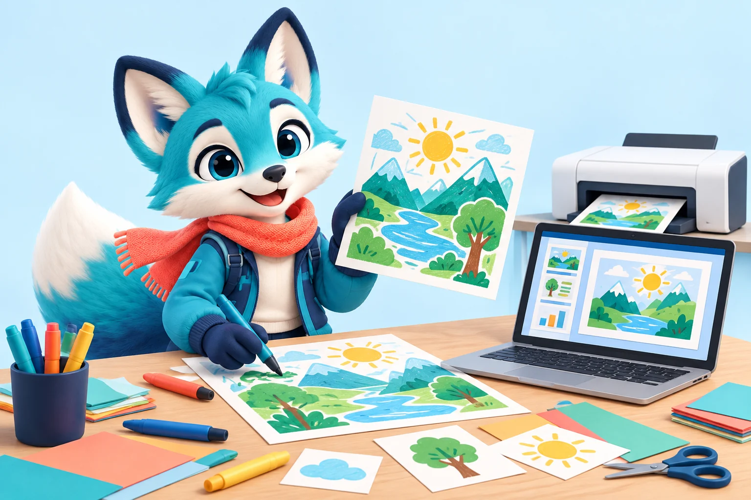 Nova the fox turning a drawing into a digital presentation and a printed creation