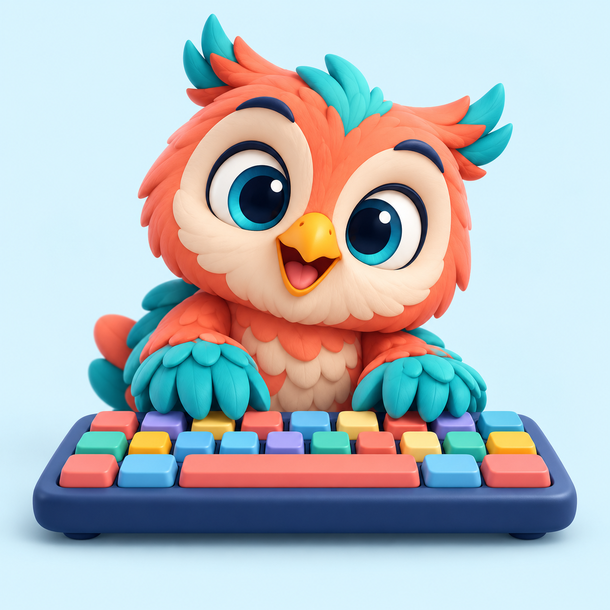 Pip the owl at a colourful keyboard